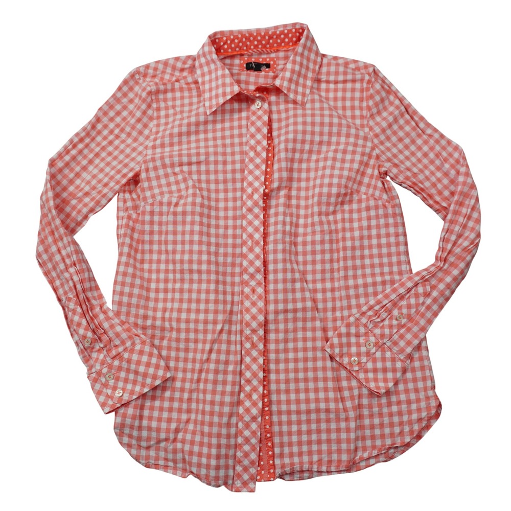 Talbots Size Small Pink‎ White Gingham Button Down Shirt Polka Dot Trim Cotton
